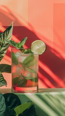 Fototapeta premium Refreshing Mint Mojito Cocktail with Lime Slice and Ice in Glass, Vibrant Red and Green Background.