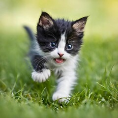  A black kitten is running on the green grass