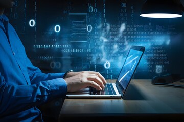 Person in blue shirt typing on laptop in dimly lit room with digital elements