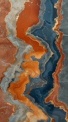 Vibrant Orange and Blue Abstract Marble Texture with Gold Veins.