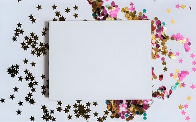 White greeting card over scattered colorful sequins and confetti on isolated white background with blank space. Mockup template. Flat lay, top view with place for text