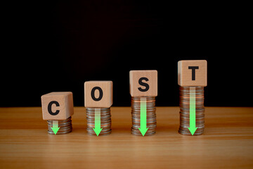 COST text holds a cube in hand on wooden blocks with up and down arrows . business cost concept....
