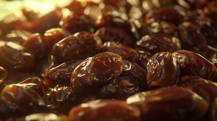 Close-up of shiny, amber-colored dates.