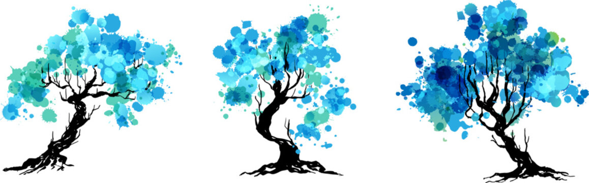 Artistic trees with blue paint splashes leaves. Hand drawn isolated design elements with ink texture. Colorful vector  decoration.
