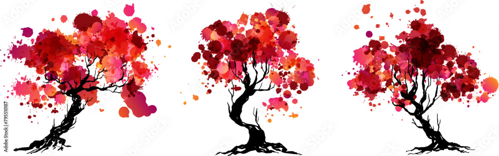Wall mural artistic trees with red paint splashes leaves. hand drawn isolated design elements with ink texture.
