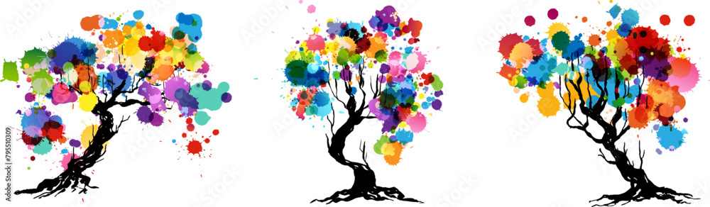 Sticker artistic trees with rainbow paint splashes leaves. hand drawn isolated design elements with ink text