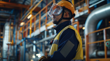 An up-close, detailed image of an engineer with protective gear in a factory setting, illustrating industry and attentive management