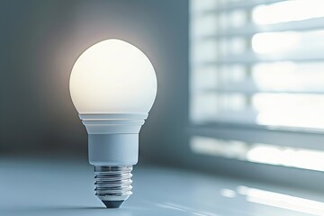 Energy-saving LED light bulb shining brightly against a soft transparent white background, symbolizing efficiency