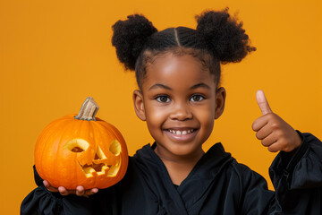 Cute little curly afro american girl in black robe holding fancy pumpkin on orange background. Halloween concept.