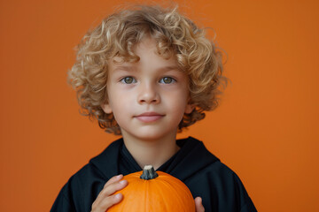 Cute little curly boy in black robe holding fancy pumpkin on orange background. Halloween concept.