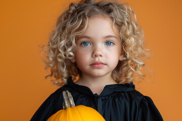 Cute little curly girl in black robe holding fancy pumpkin on orange background. Halloween concept.