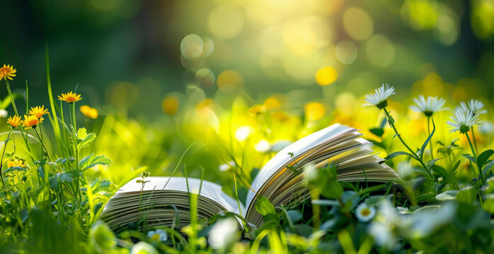 Under the bright sun, in the quiet forest, a book opened on the grass, butterfly flying, Dingdar light
