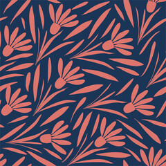 Red daisies and petals tossed seamless repeat pattern with a navy background.