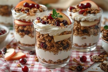 Fruit and granola breakfast layered in glass cups with Greek yogurt, apple slices, dried cranberries, and sunflower seeds