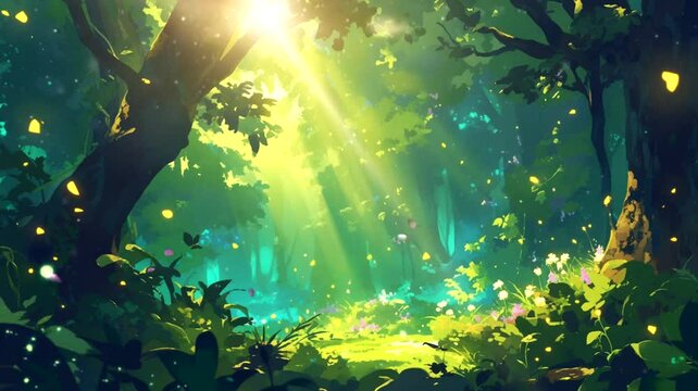 Scene from the forest illustration, animated illustration motion video repeating 4k