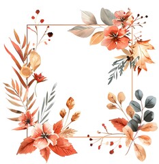 square frame with watercolor flowers and leaves in autumn colors, on a white background