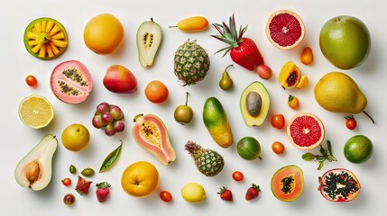 A colorful assortment of fruits and s are spread out on a white background. Concept of abundance and variety, showcasing the diverse range of produce available