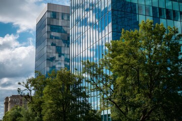 Obraz premium Sleek glass building reflects sky and trees, urban oasis on a sunny day