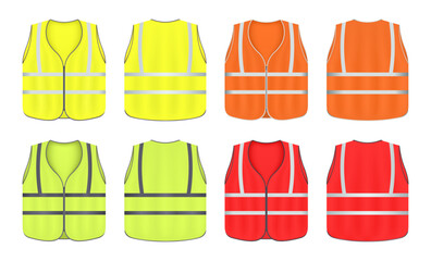 Protective reflective vest with road and work uniform. Various color fluorescent security safety work jacket reflective stripes. Vest, front and back view. Vector illustration