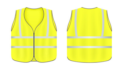 Safety vest jacket, isolated security, traffic and worker uniform wear. Realistic reflective vest front and back view safety jacket. Vector illustration