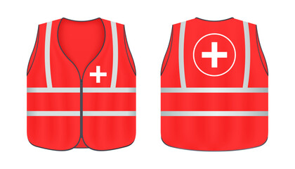 Red medical reflective safety vest with cross. Realistic reflective vest front and back view safety jacket. Vector illustration