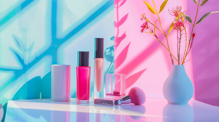 
Set of decorative cosmetics on light colorful background