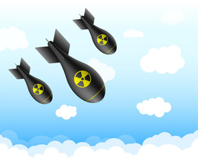 Atomic rocket air bomb. Atom bombs falling on the sky, Nuclear war risk. Nuclear atom bomb set isolated on a white background. Vector illustration