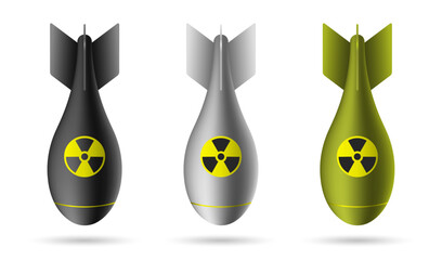 Atomic rocket air bomb. Nuclear atom bomb. Nuclear atom bomb set isolated on a white background. Vector illustration