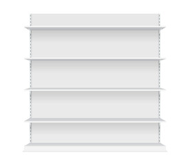 White empty store shelf vectors. Showcase display. Retail rack shelf. Mockup template ready for your design. Isolated on white background. Vector illustration