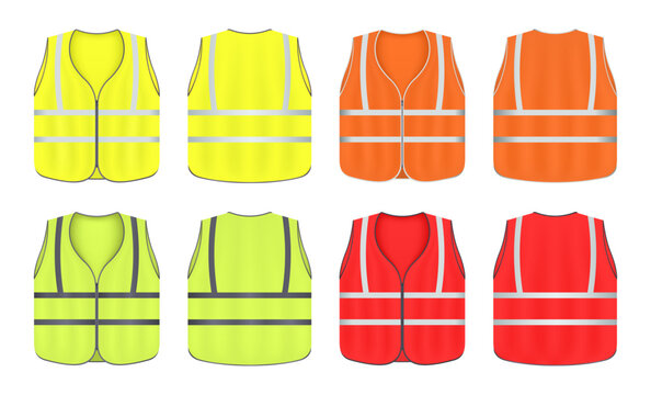Protective reflective vest with road and work uniform. Various color fluorescent security safety work jacket reflective stripes. Vest, front and back view. Vector illustration