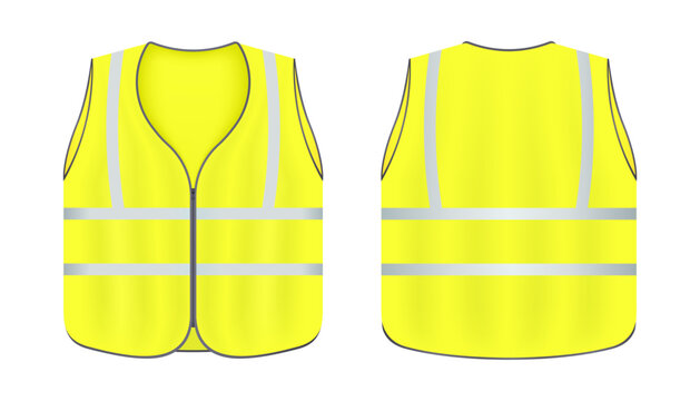Safety vest jacket, isolated security, traffic and worker uniform wear. Realistic reflective vest front and back view safety jacket. Vector illustration