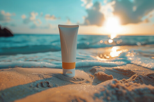 Protective Sunscreen Lotion mockup on the seasore
