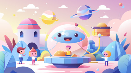 Fototapeta na wymiar Whimsical Children's Sci-Fi Landscape with Playful Alien and Planets