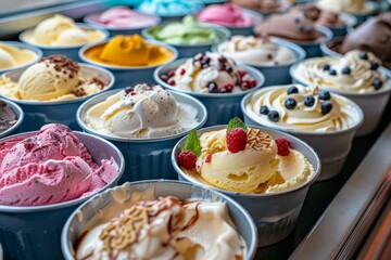 Fototapeta premium Sustainable peanut butter treats and frozen innovative fudge chunks meet in a summer lifestyle snack with sugar-free mango sorbet for a clean dessert option.