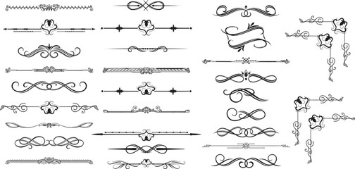 Line dividers. Decorative swirl text separators, vintage divider. Victorian flourishes line calligraphic swirly filigree decoration editable stroke vector set	