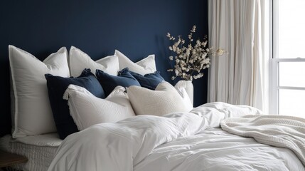Against a backdrop of soothing blue walls, a sumptuous bed takes center stage, dressed in pristine white linens and accented with plush white and blue pillows. 