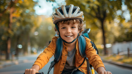 Cheerful kid riding bicycle to school in the city