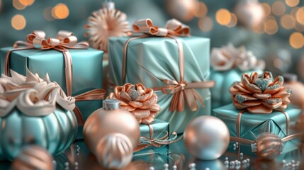 Elegant Teal Gift Boxes and Golden Ornaments for Festive Celebration. - 795513947