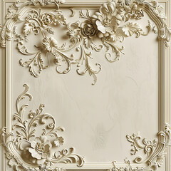 classic frame made of white 3D gypsum decorated with monograms and flowers, empty space to fill with text