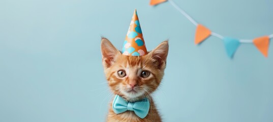 cute kitten in birthday hat and bow tie on blue background with copy space banner for party or festive event. Kitten wearing cone cap for cat's children’s day celebration.