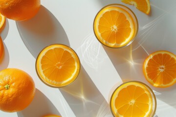Freshly squeezed orange juice with slices on a transparent white surface