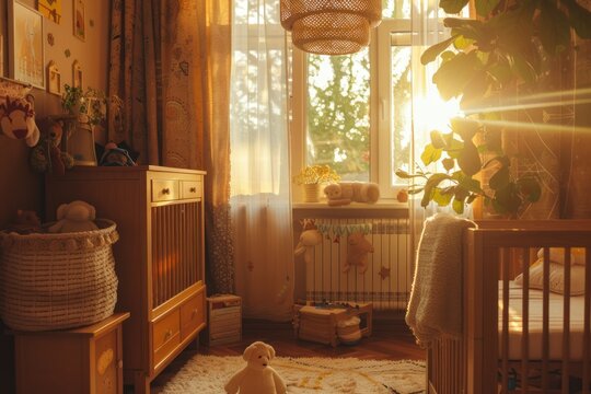 Cozy Nursery Room with Warm Sunlight. The room is filled with toys and stuffed animals, and the sun is shining through the window