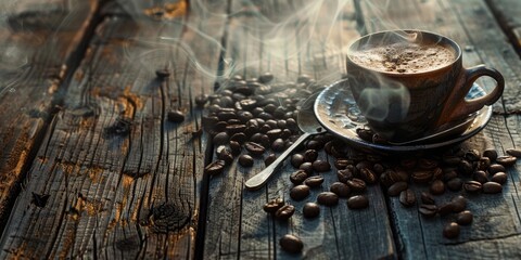  coffee cup with coffee beans on wood