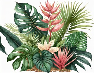 Obraz premium composition of leaves and flowers of tropical plants on a white background