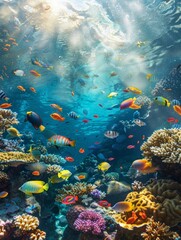 Naklejka na ściany i meble Underwater Coral Reef Scene TeemingColorful Marine Life Beauty.