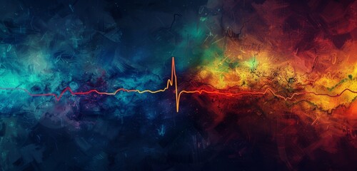 Abstract multicoloured background with a central heartbeat line.
