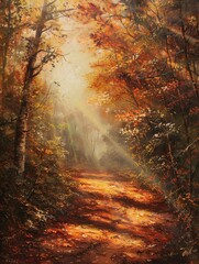 Autumn Pathway Through Forest Blanketed in Fallen Leaves Nature Scene Landscape Photo