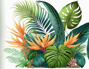 composition of leaves and flowers of tropical plants on a white background