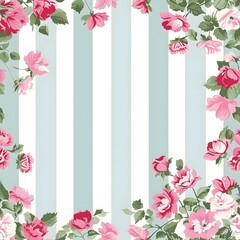 striped light blue background with a pink floral border seamless