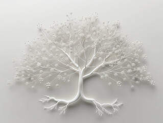 White tree with intricate flowering branches and sprawling roots in a 3D monochrome design.